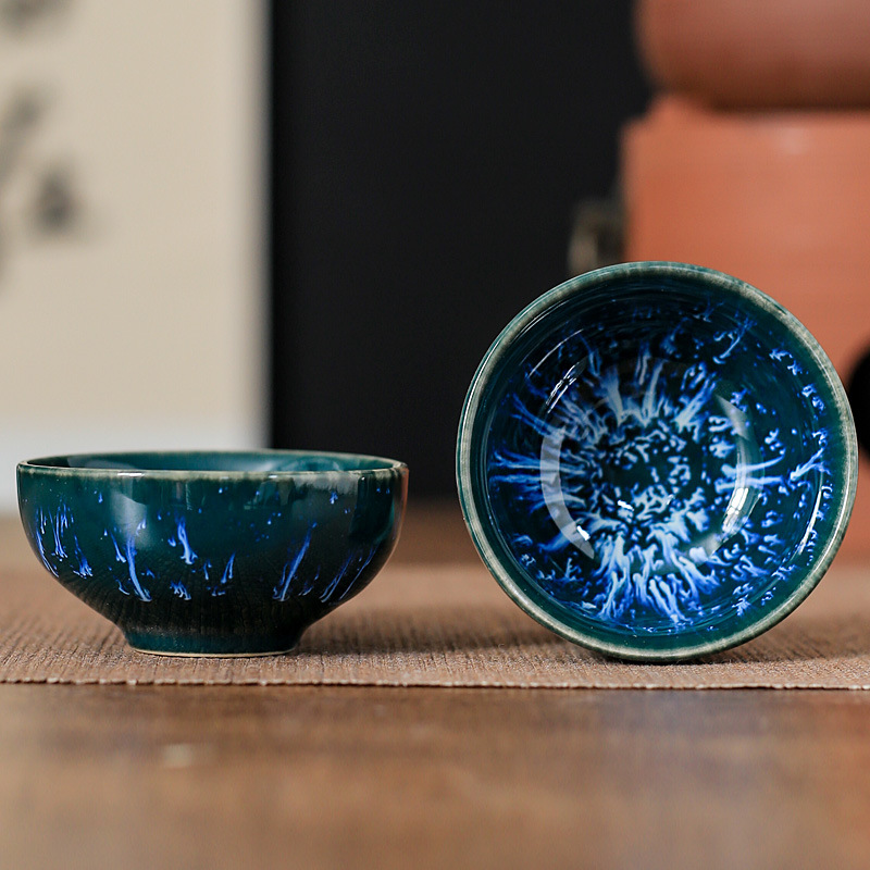 45ml copo de cerâmica doméstico forno mudança xícara de chá mestre copo de degustação copo de água azul cetim tigela de chá jianzhan casa de chá cha teaware: Verde exército