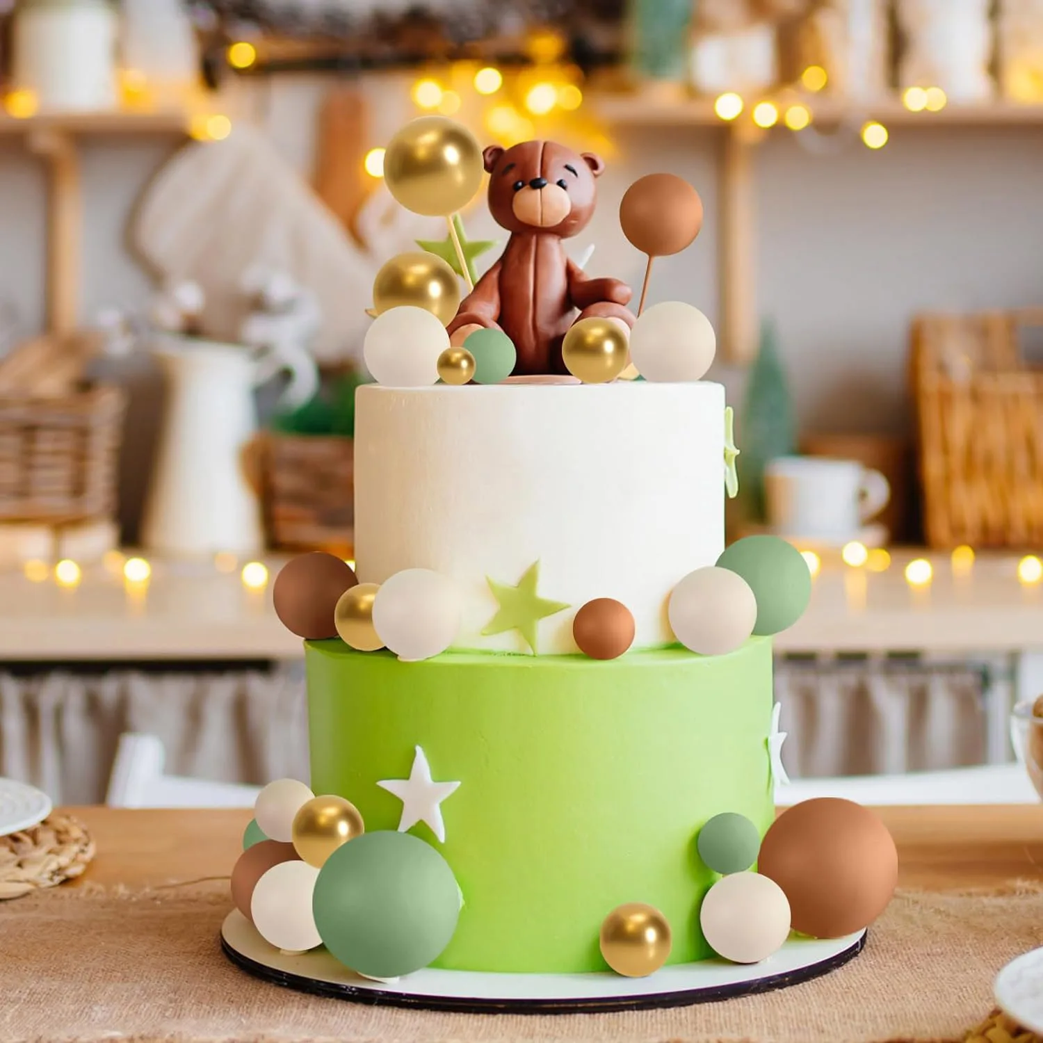 Décoration de gâteau vert sauge marron, 32 pièces, boules en mousse dorée, bricolage, décoration de gâteau pour réception pour bébé, fête d'anniversaire