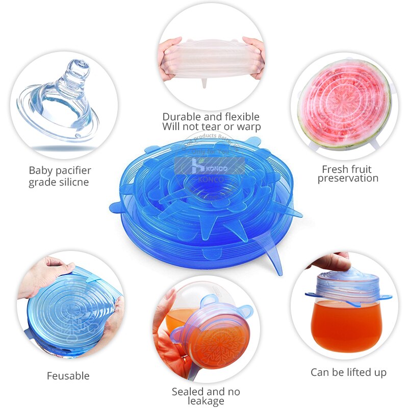 6 stuks Silicone Stretch Deksels Kookgerei Deksels universele deksel Silicone voedsel wrap kom pot cove Keuken Gadgets