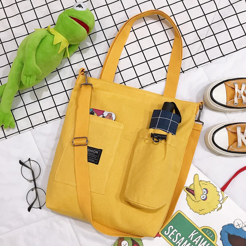 Solid Color Canvas Bag for Female Korean Style Big Capacity Single Shoulder Bags Woman Printing Pocket Bag Cheap Totes