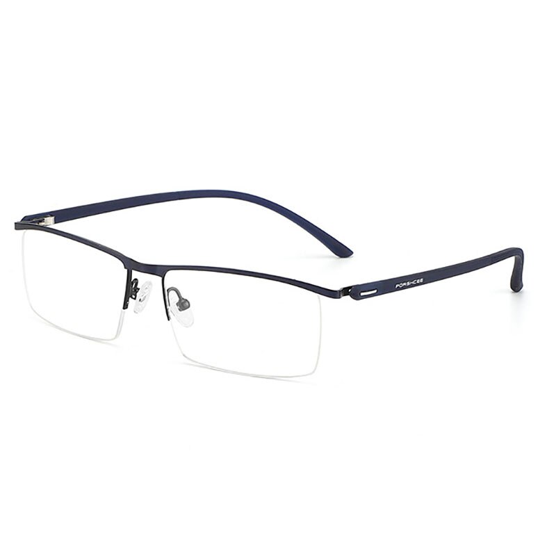 Metal Frame Glasses Browline Frame Half Rim Spectacles Men Business Style with Spring Hinges: Blue