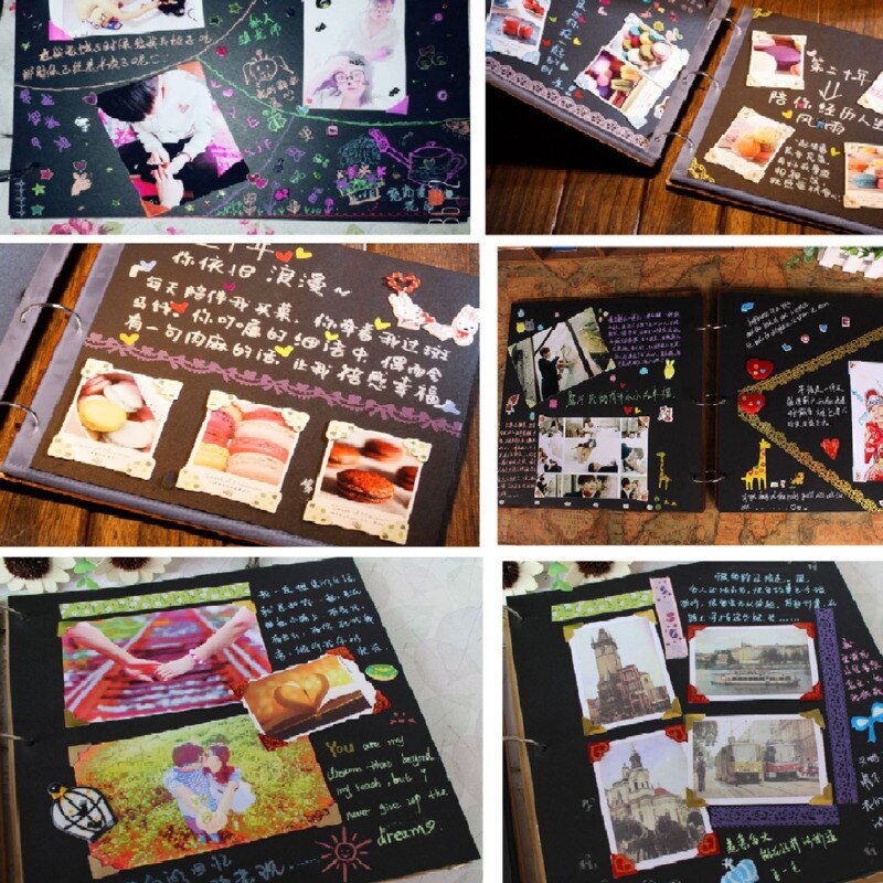 8 inch fotoalbum met houten omslag, liefdesherdenkingskaart, handgemaakt, losbladig houtsnijwerk, geplakt, doe-het-zelf plakboek, zwart vel, trouwalbum