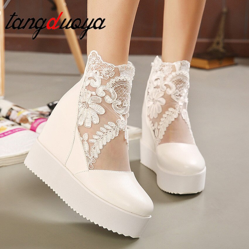 Söta spets romerska skor kvinnor kilklackar vita platform pumps höga klackar zapatos plataforma mujer encaje 34-39