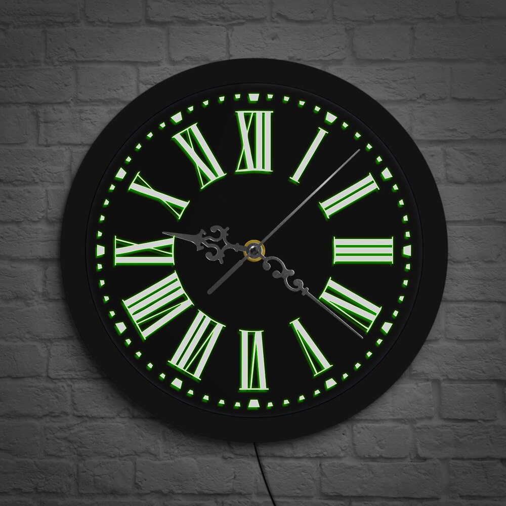 Led Verlichting Wandklok Modern Romeinse Cijfers Mute Vintage Opknoping Pug Led Backlight Acryl Edge Lit Horloge Horloge