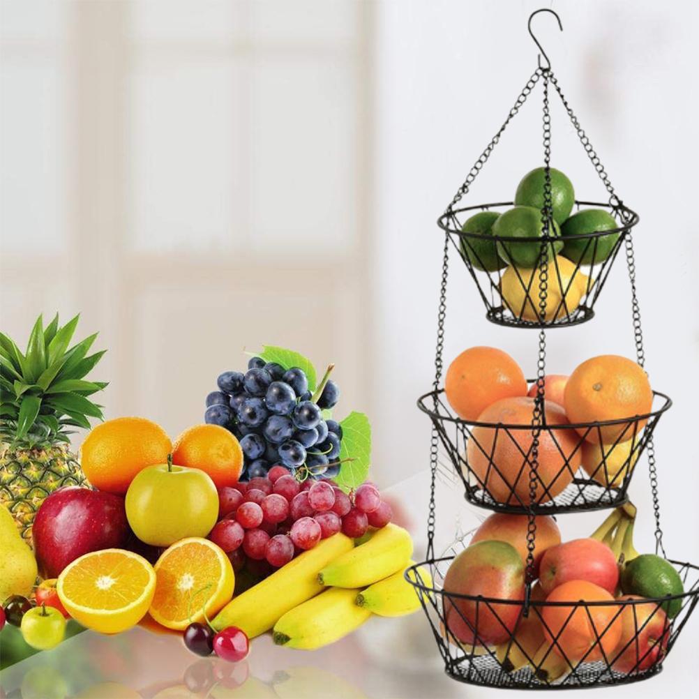 3 Tier Wire Hanging Fruit Basket Home Kitchen Metal Vegetable Storage Organizer Basket 3-Layer Baskets Bowl Holder Rack Stand