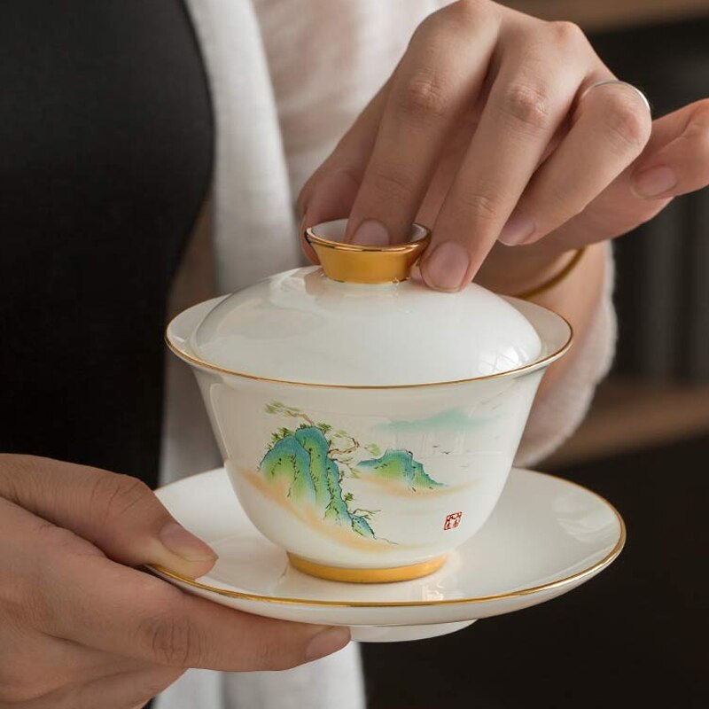 160ml teskål jade vit keramik terrin porslin teservis kopp med fat lock kit handgjorda berg rådjur gaiwan drinkware