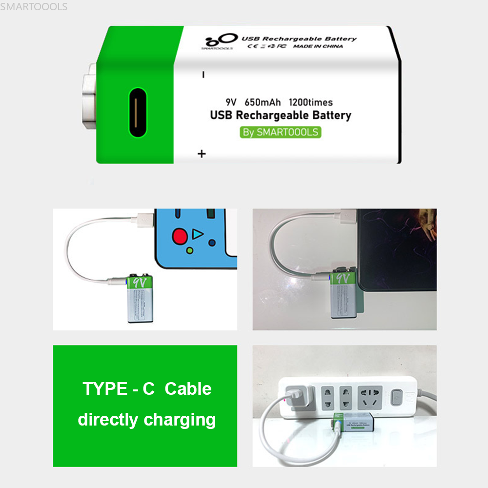 YouTu 9V USB Rechargeable Battery - Lithium-Ion, 650mAh, Eco Friendly, 1200 Uses, Type-C Charging, 1.5h Rapid Recharge, Li-Ion