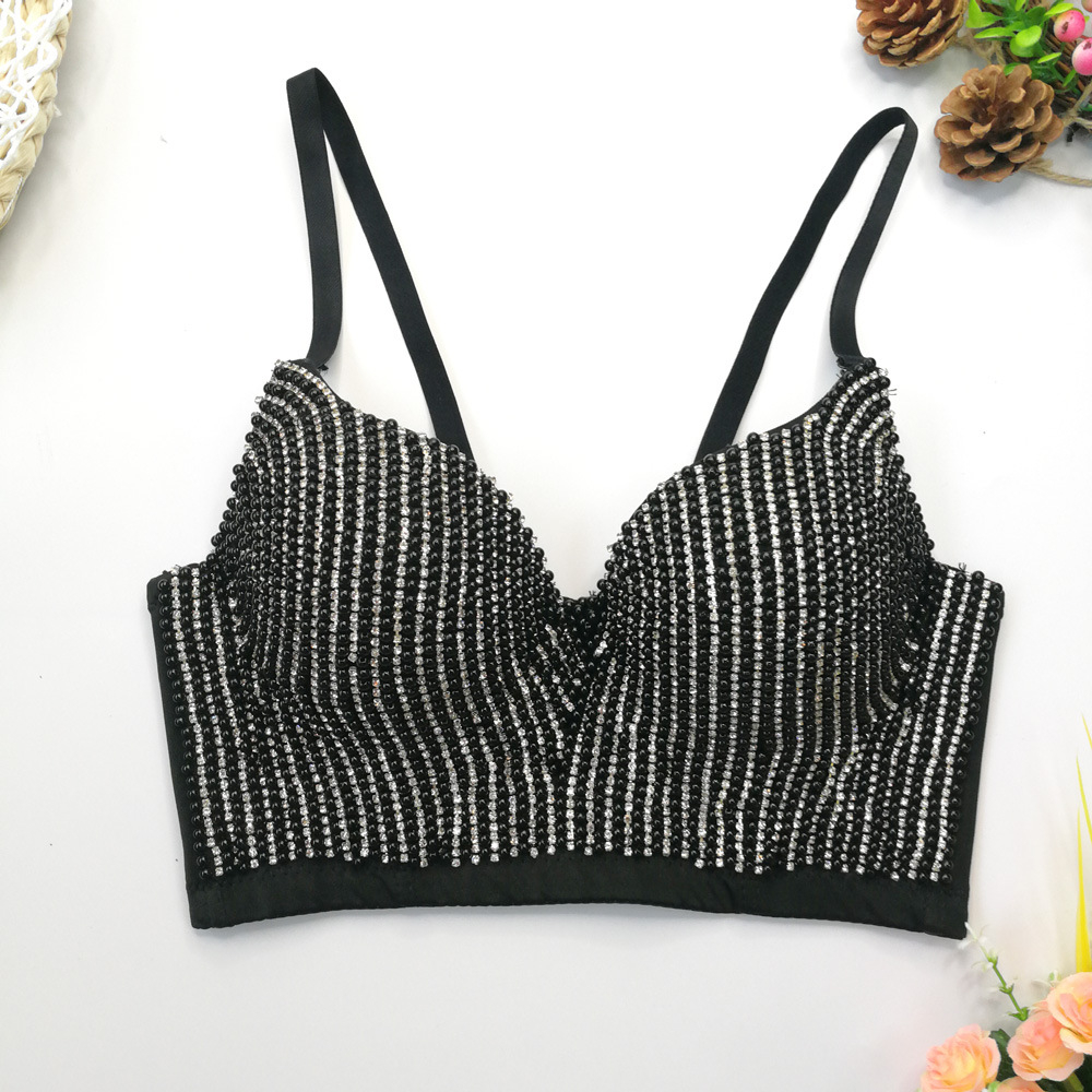Corsé de copa baja con cuentas para mujer, corta con sujetador camisola, Top corto con Push-Up, Sexy, de verano, YH8208, 2022: Negro / 34B
