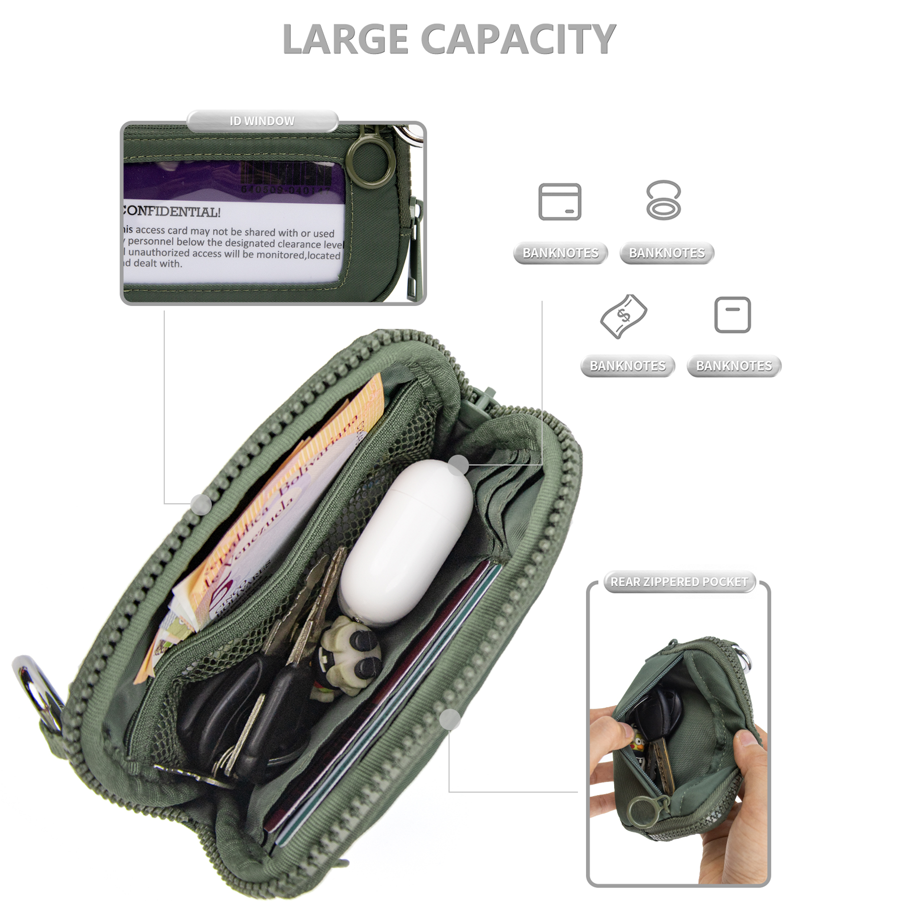 The Iris Wallet Zwart geruit kaartetui met ID-venster Portemonnees voor dames Portemonnee met ritssluiting Mini draagbare sleutelhangerportemonnee