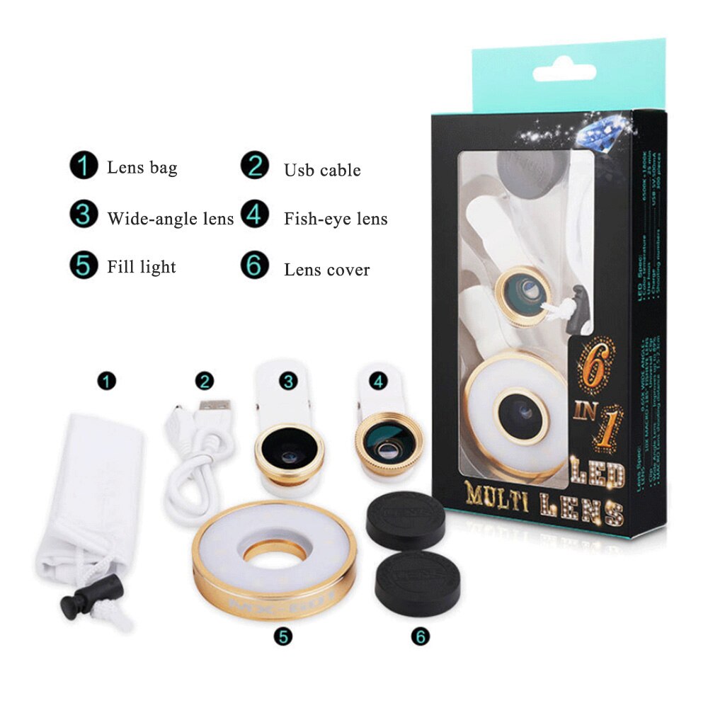 6 in 1 Filling Light 8 LED Ring llight Wide-angle Fish-eye Lens Universal Selfie Phone Lamp Fisheye Lens Phone llight