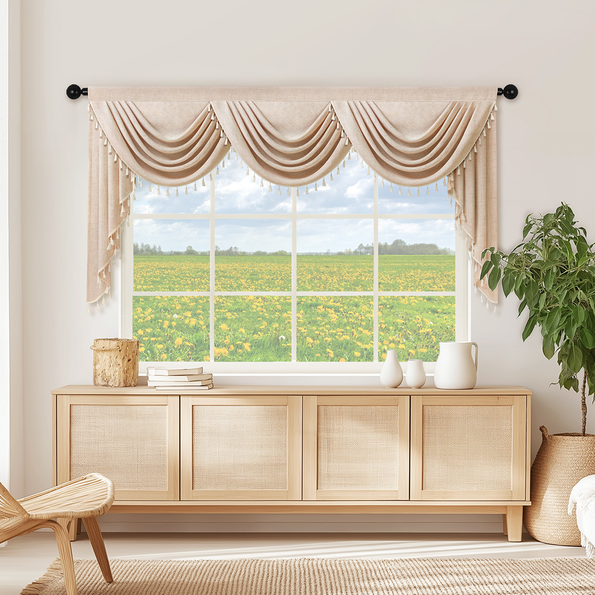 Cortina cenefa de de lujo europeo , con borde de borla, perfecta para cocina, sala de estar, bolsillo para varilla, decoración de habitación, 1 ud.