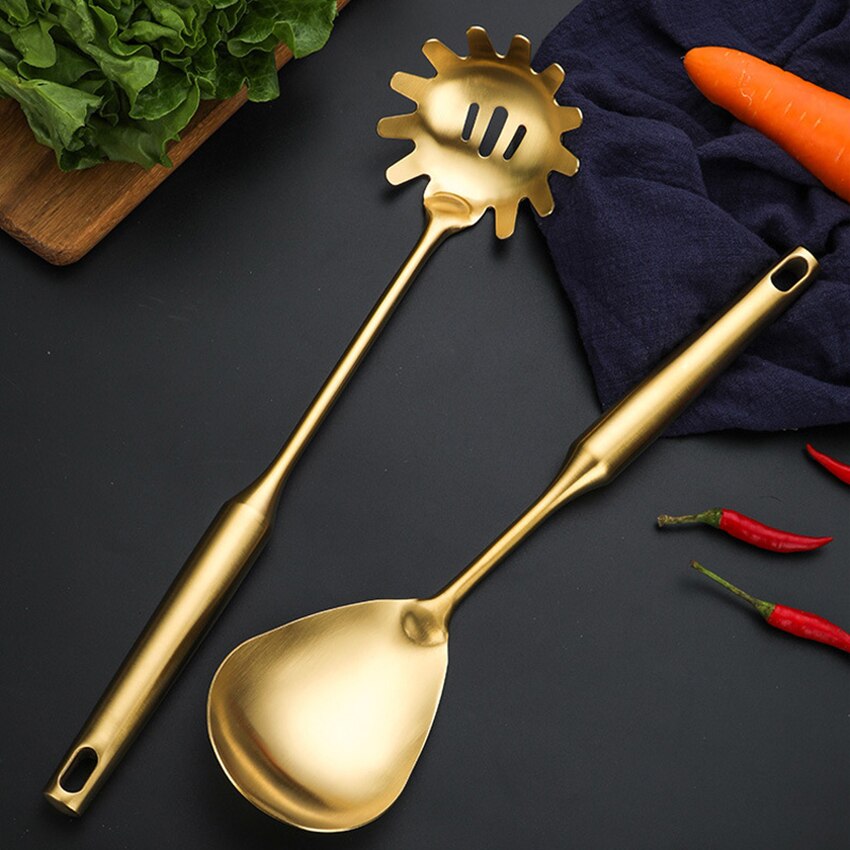 Luxury Golden Stainless Steel Kitchenware Cooking Tools With Storage Rack Kitchen Utensils Set Non-stick Cookware Spatula Spoon