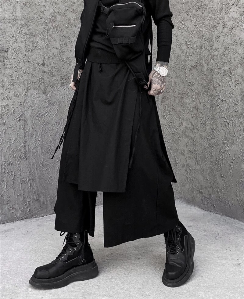 Pantalones de falda negra oscura para hombre, pantalón informal holgado de pierna ancha, de nicho, pantalones irregulares de nueve puntos