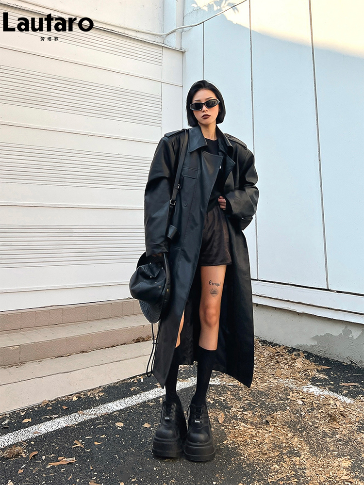 Trench lungo da donna in pelle PU Lautaro, oversize, doppio petto, ampio, abiti firmati di lusso, nero, marrone, primavera
