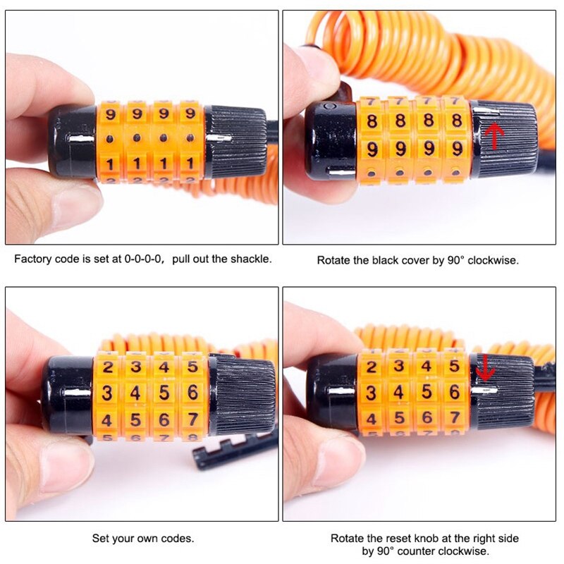 Bicycle Combination Lock Portable 4 Digits MTB Road Bike Lock Codes Changeable Compact 1.2M Cable Zinc Alloy Body