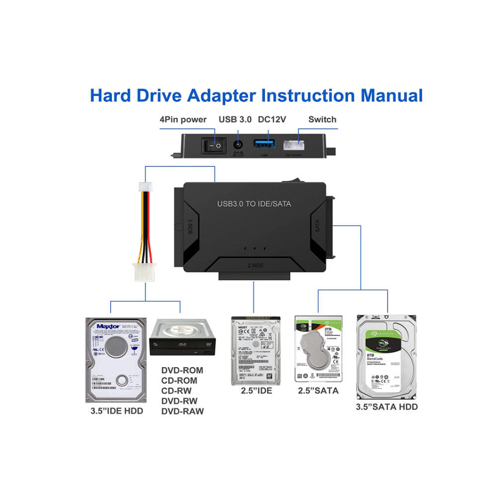 Universal SATA/IDE to USB 3.0 Adapter Hard Drive Reader for 2.5' 3.5'' Inch External HDD/SSD Compatible with IDE And SATA