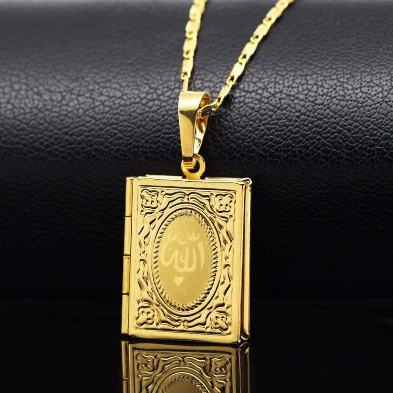 Ouro cor islam allah muçulmano colar alcorão livro openable pingente colar foto medalhão caixa colar religião islâmica jóias