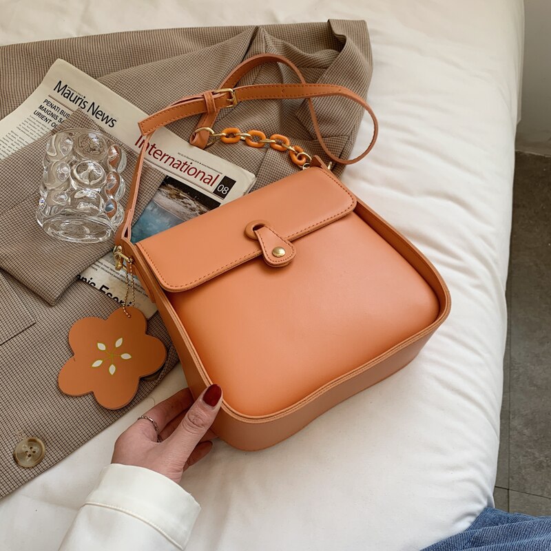 Contrast color Leather Crossbody Flowers For Women Travel Handbag Simple Shoulder Messenger Ladies Cross Body Bag: orange