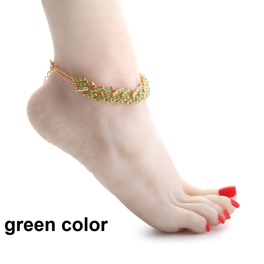 Tobillera ostentosa con diamantes de imitación para Eslabón cubano, cadenas para el tobillo, sandalias para mujer, cadena para pies descalzos, joyería al por mayor: green color