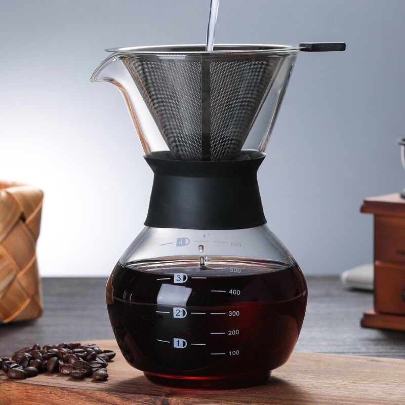 Glass Coffee Kettle with Stainless Steel Filter Drip Brewing Brewer Coffee Pot Dripper Barista Pour Over Coffee Maker WF: 600ML filter