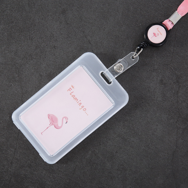 Pvc Transparent Card holder Hanging Rope Cartoon Lovely Document ID Card Holder Student Public Transport Dining-card Holder: flamingo