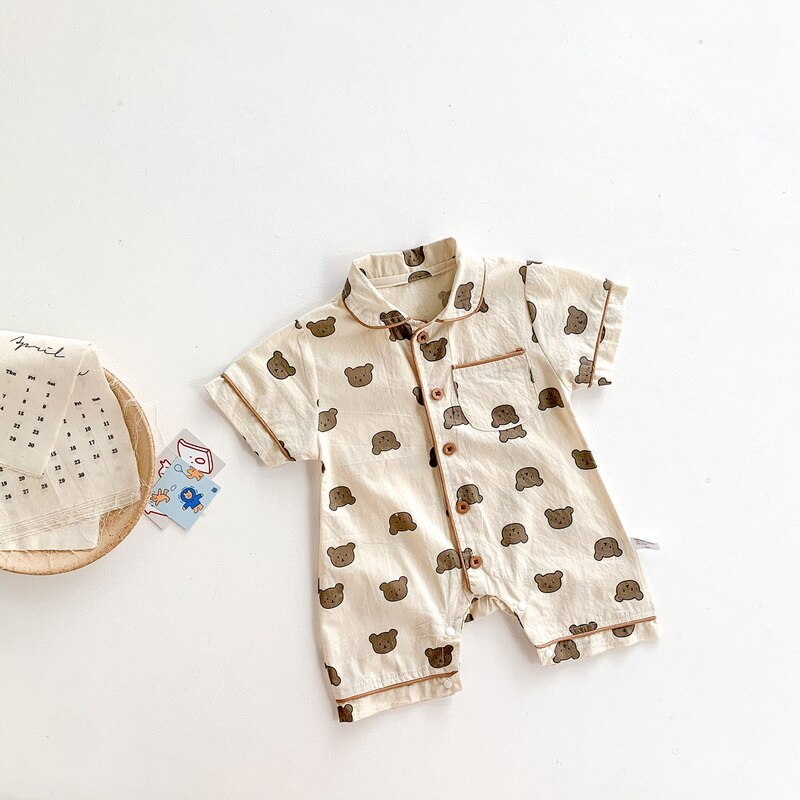 2022 Zomer Koreaanse Stijl Baby Meisje Jongen Romper Beer Dot Korte Mouwen Turn-Down Kraag Jumpsuit Kind Kleding e2375: brown / 73cm 3-6Months