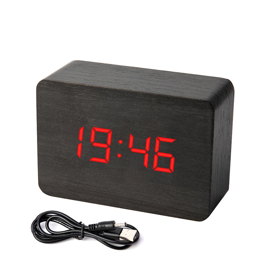 Houten bamboe led digitale wekker klok despertador moderne temperatuur bureauklok led elektronisch: Zwart hout rood