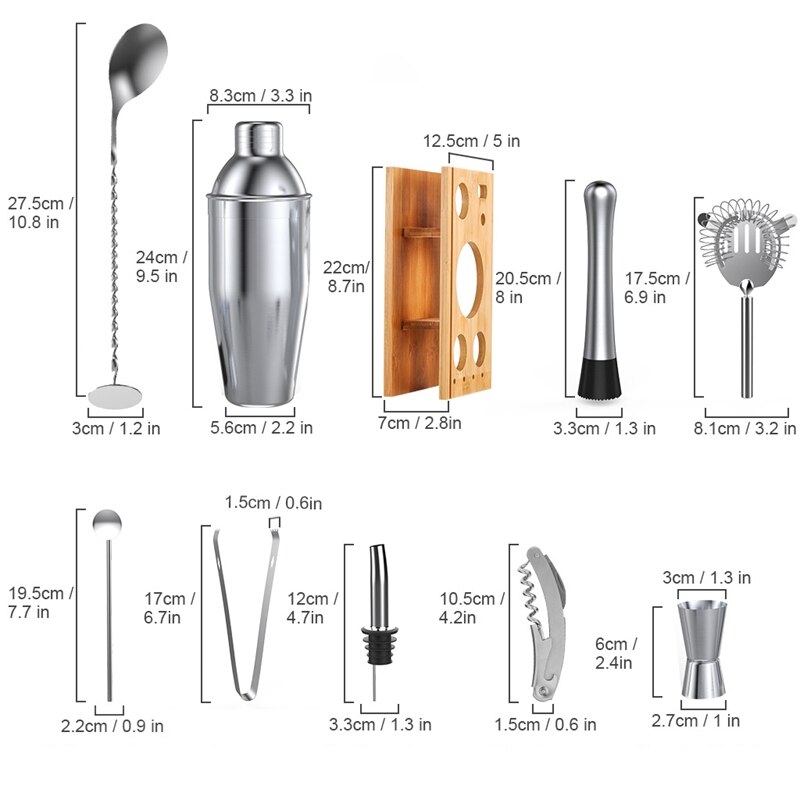 14PCS 750Ml Stainless Steel Cocktail Shaker Bar Mojito Set Jigger Muddler Bartender Tools Kit