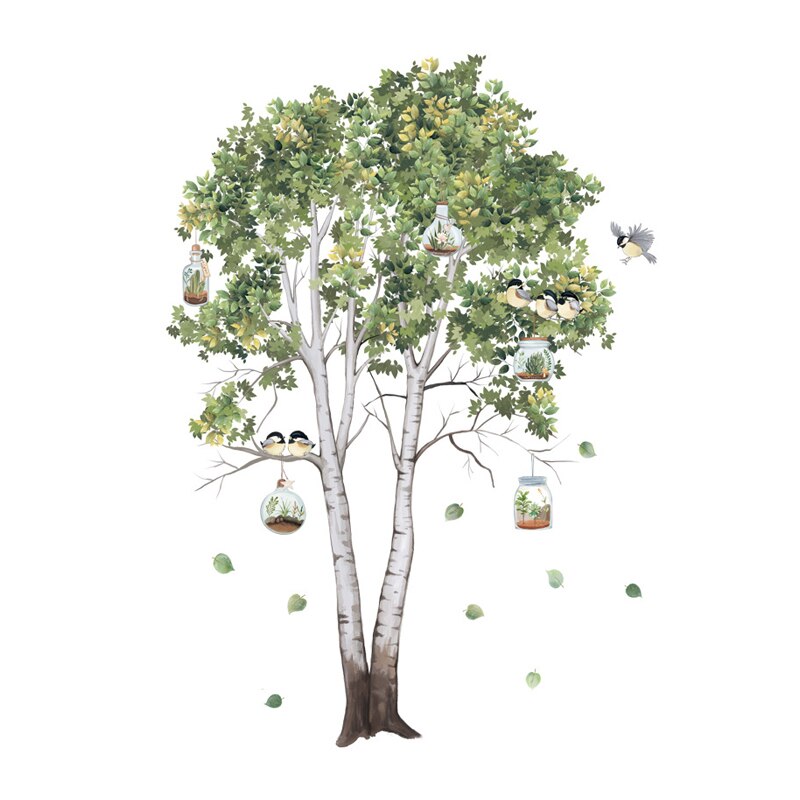 Autocollant mural grand arbre bouleau, feuilles vertes, plante, Stickers muraux, salon chambre à coucher, oiseaux, décor de maison, papier peint de décoration de salle en PVC