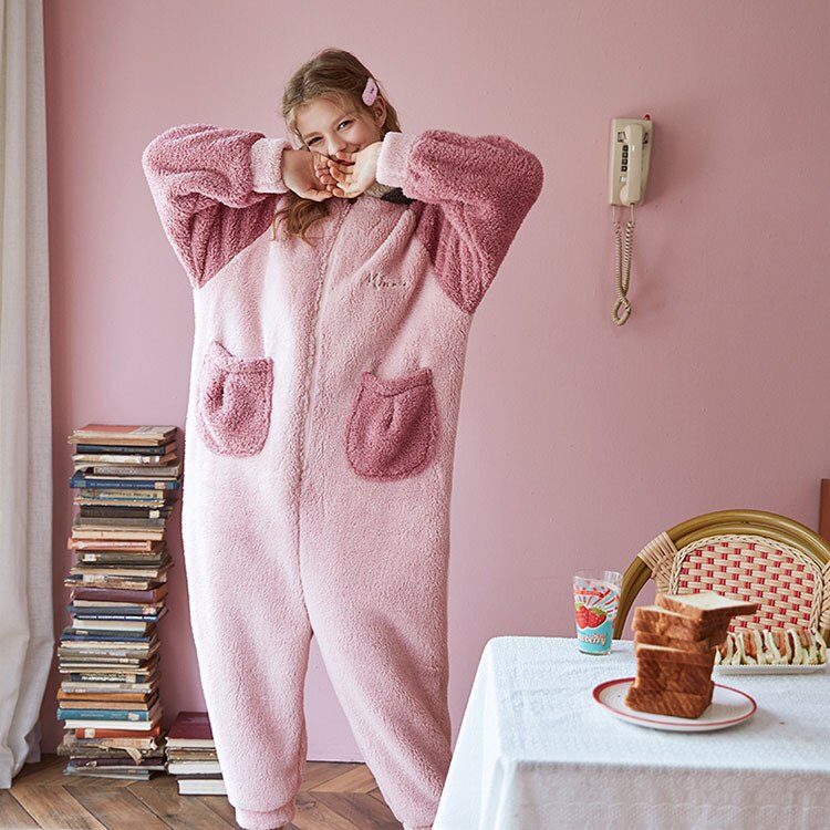 Pijamas de una pieza de terciopelo coral para otoño e invierno, ropa para parejas, ropa para casa con capucha, reserva conjunta,