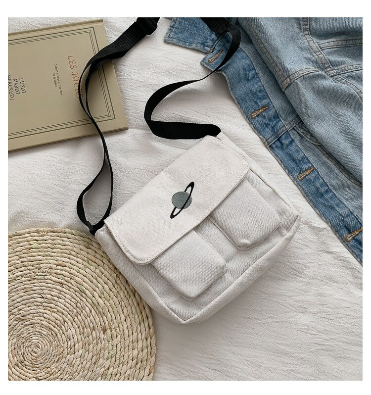 Koreaanse Planeet Canvas Tas Vrouwelijke Winter Wilde Student Schoudertas Grote Capaciteit Multi-Pocket Messenger Bag: white