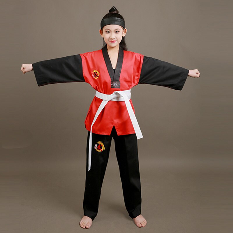 WM16 Corea bordado Taekwondo uniforme de algodón Taekwondo kárate yudo Taekwondo Dobok ropa niños ropa adulto Unisex de manga larga: XXS