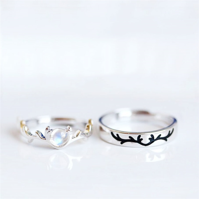 Sole Memory Moonstone Antlers Couple Cute 925 Sterling Silver Female Resizable Opening Rings SRI597: Couple