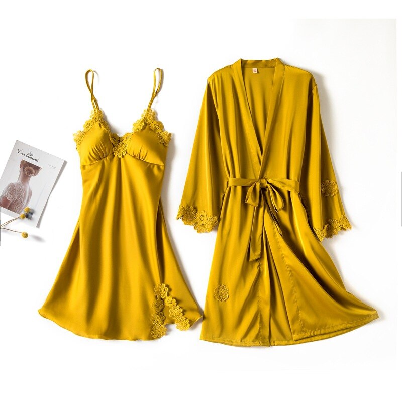 Vrouwen Sexy Intieme Nachtkleding Set 2 Stuks Nachtjapon Kant Zijde Lady Robe Set Brides Bruidsmeisje Wedding Robe Slaap Slijtage Jurk