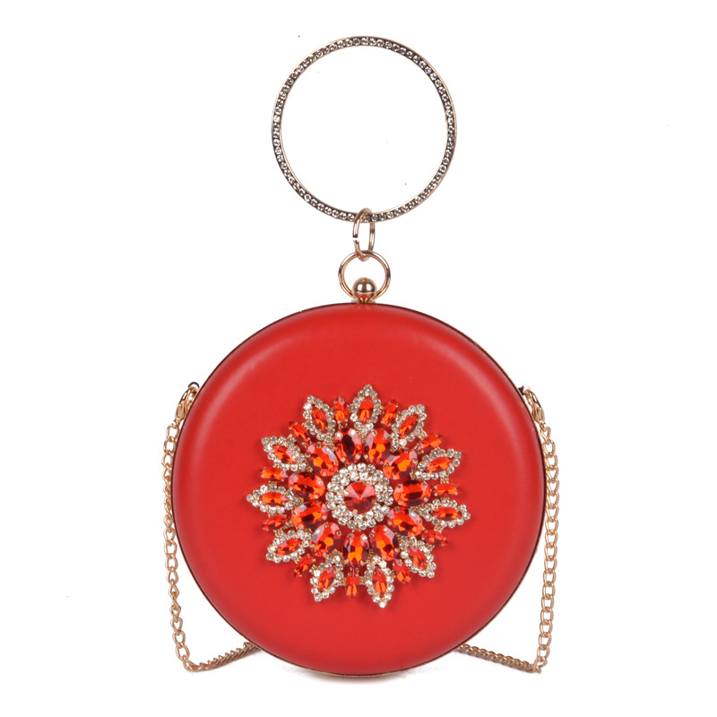 Pochette de soirée femme pochette blanche fleur de soleil cristal sacs à main ronds de luxe sac à main de mariage sac à bandoulière de fête ZD1528: Red
