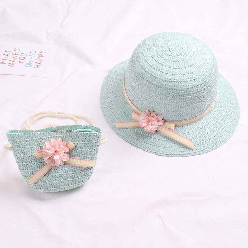 Zomer Baby Bloem Ademend Strohoed Met Handtas Tassen Kids Hoed Jongen Meisjes Zonneklep Uv-bescherming Panama Hoed gorras