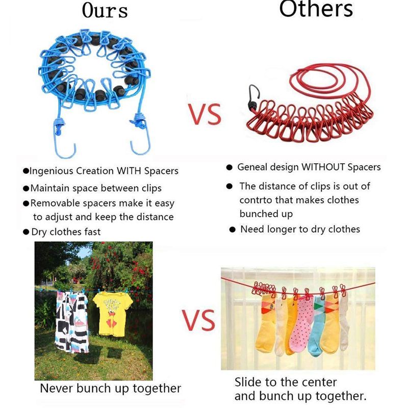 2- pack draagbare waslijn met 12 wasknijpers, winddichte reiswaslijn, rekbare, intrekbare elastische waslijn f