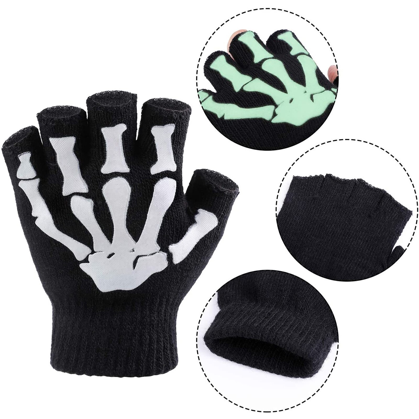 1/2/5 Pairs Kinderen Half Vinger Handschoenen Unisex Halloween Skelet Schedel Glow In The Dark Vingerloze Stretch Gebreide Winter mit