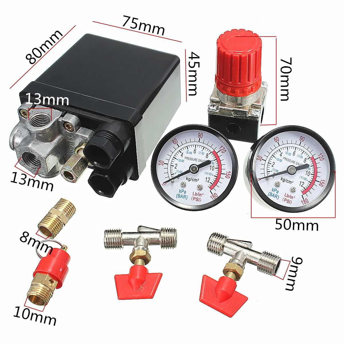 240V AC Regulator Heavy Duty Air Compressor Pump Pressure Control Switch 4 Port Air Pump Control Valve180PSI with Gauge