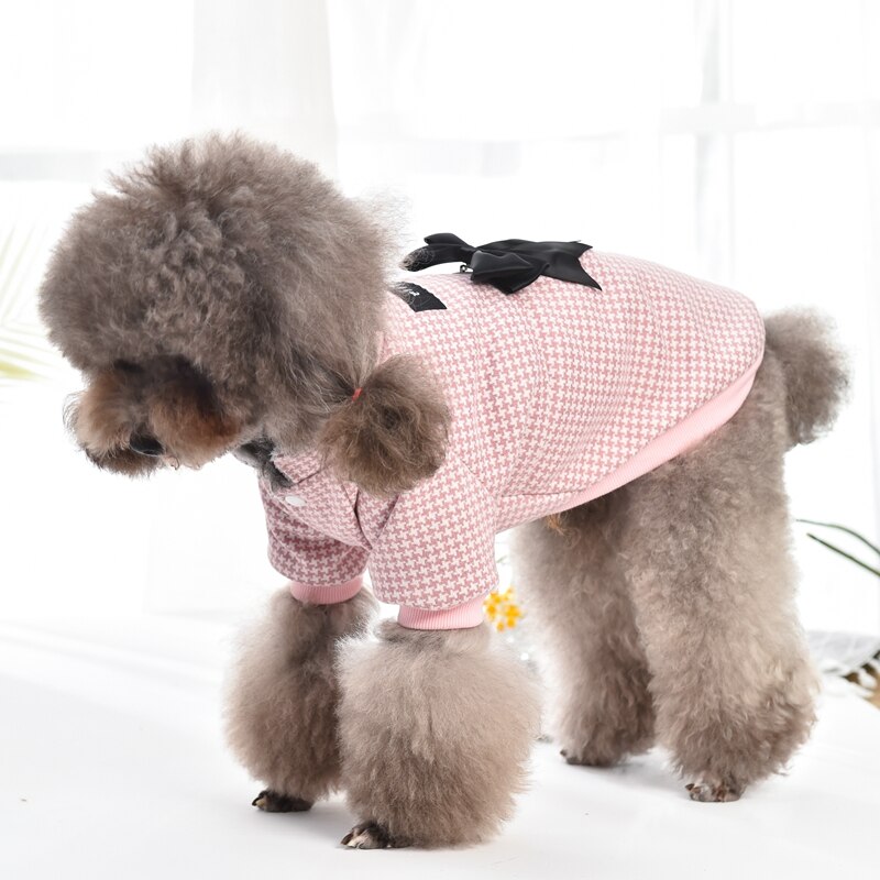 Ropa de pata de gallo para perros pequeños, con lazo negro grande, vestidos de lujo para mascotas, chaqueta, Atuendo para otoño e invierno, accesorio para gatos
