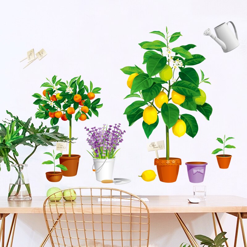 Large 3D Potted Plant Wall Stickers Lemon Orange Tree Lavender Decals Kitchen Corridor Living Room Decor Mural Vinyl Baseboard