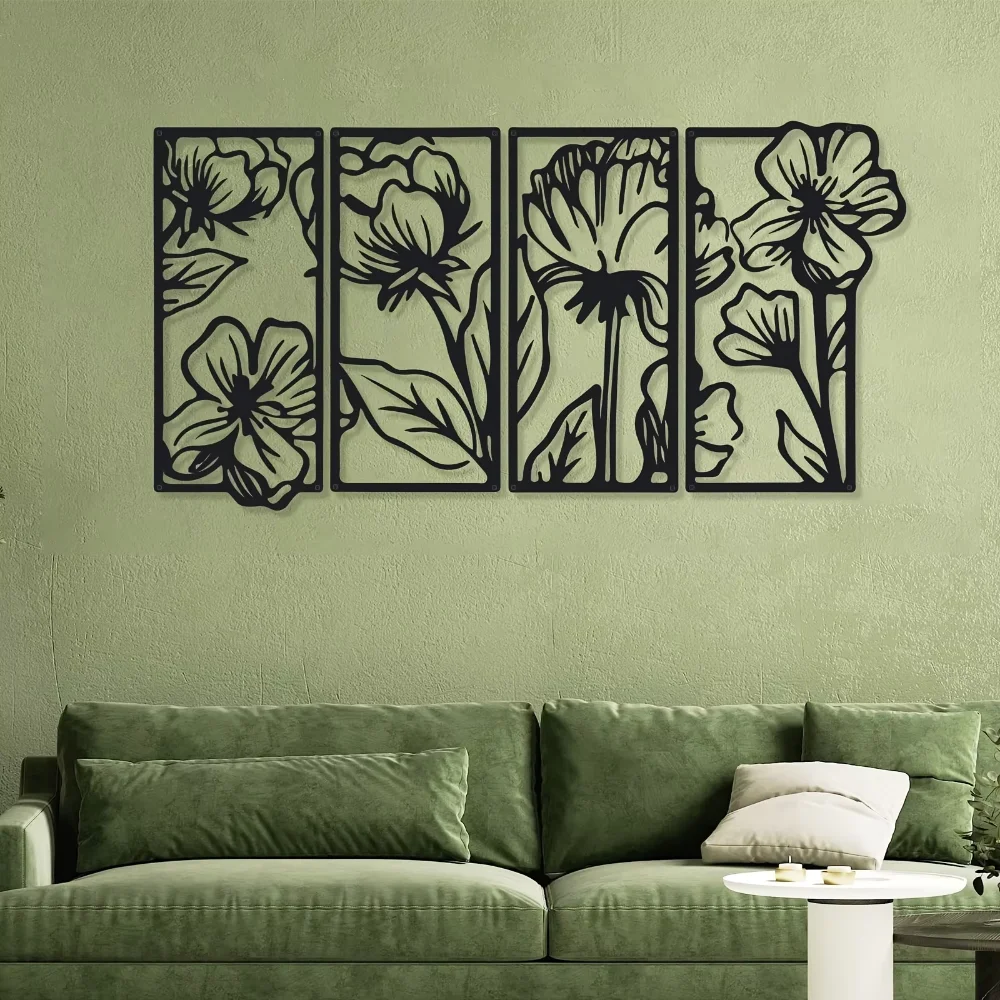 4-- delt minimalistisk blomsterkunstværk - elegante metalvægdetaljer til hjemmets æstetik - alsidig indretning til køkken og badeværelse