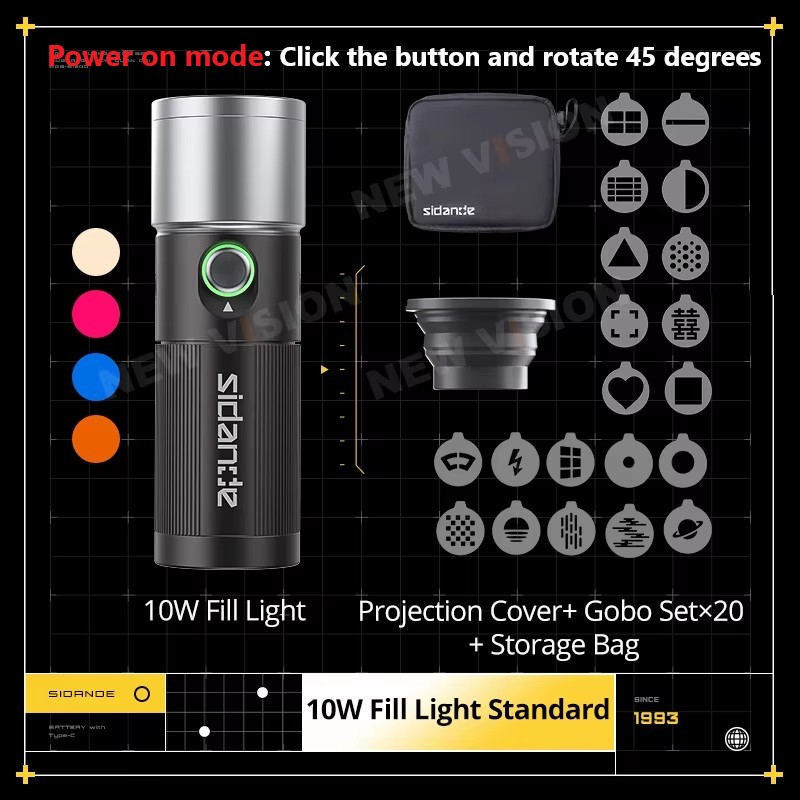 SIDANDE PHOTOOLEX 10W Flashlight Four Color Projection Light Built-in 8400mAh Rechargeable Battery For 4 hours Full-power output: Default Title