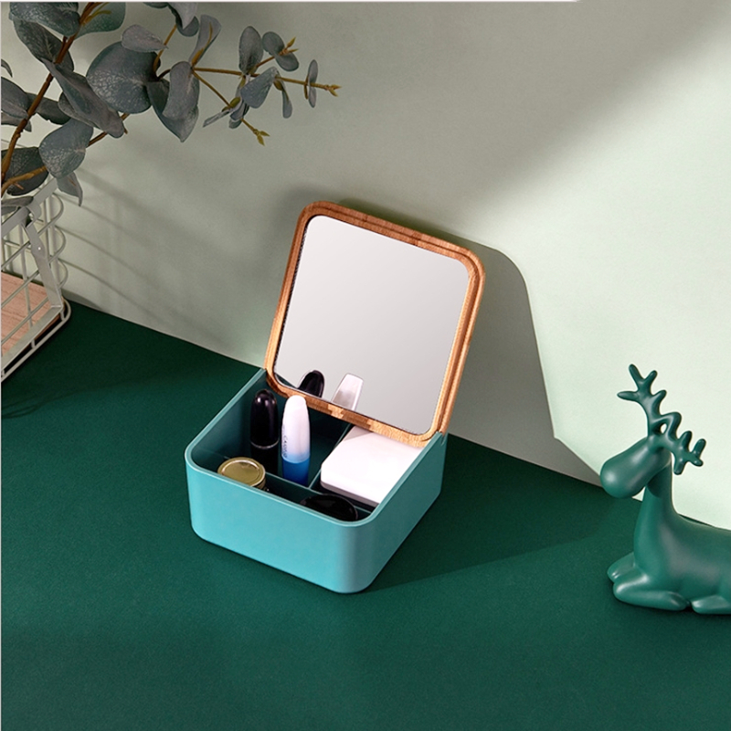 Portable Makeup Mirror Set With Storage Box Container Vanity Mirror Desktop Organizer for Cosmetics: Green