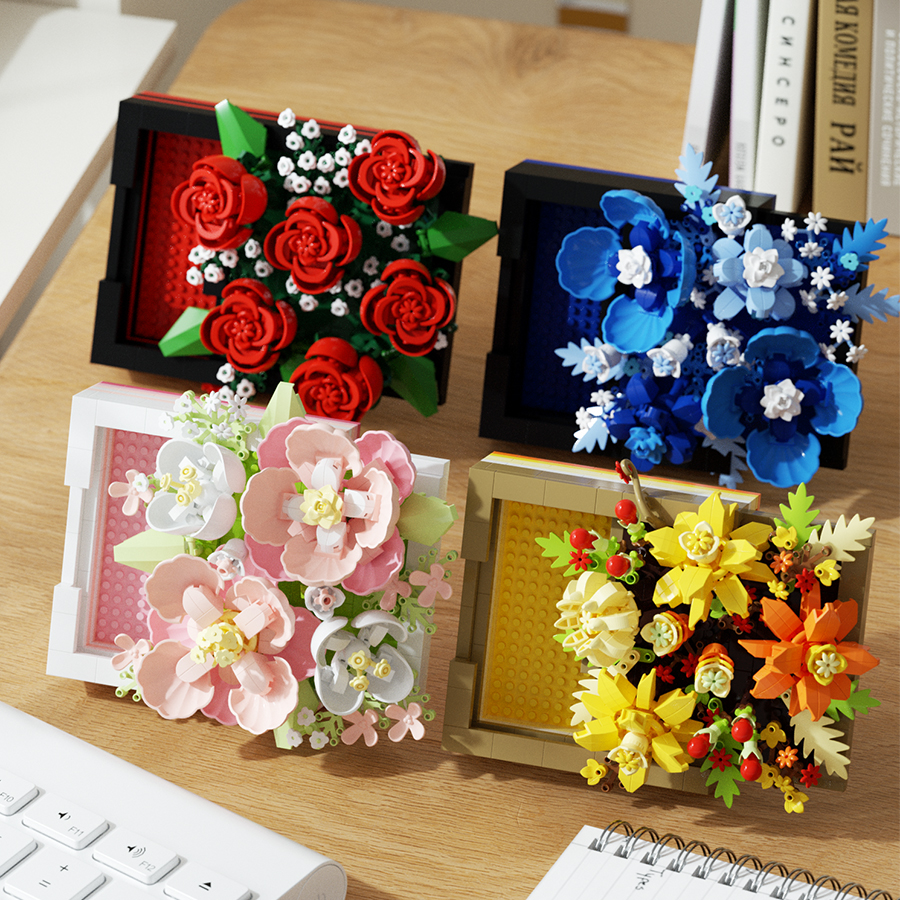 Creativo fiore artificiale cornice blocchi di costruzione fiori di plastica mattoni ornamento artistico fai da te regali di San Valentino