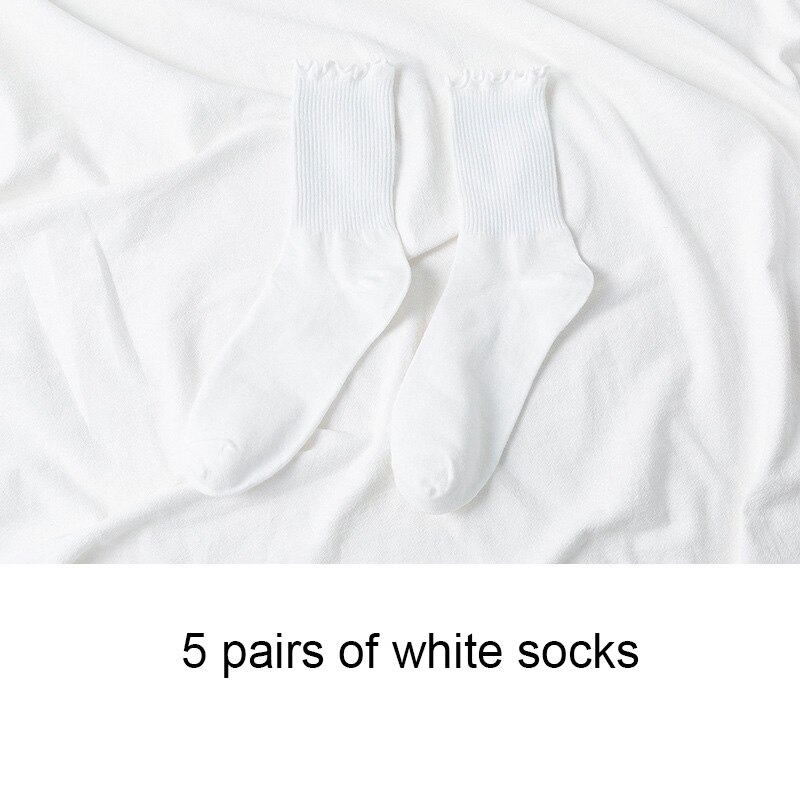 5 Pairs Women Cotton Ruffle Frilly Socks Black White Cute Autumn Winter Socks Solid color Soft Happy Girl Socks: B white
