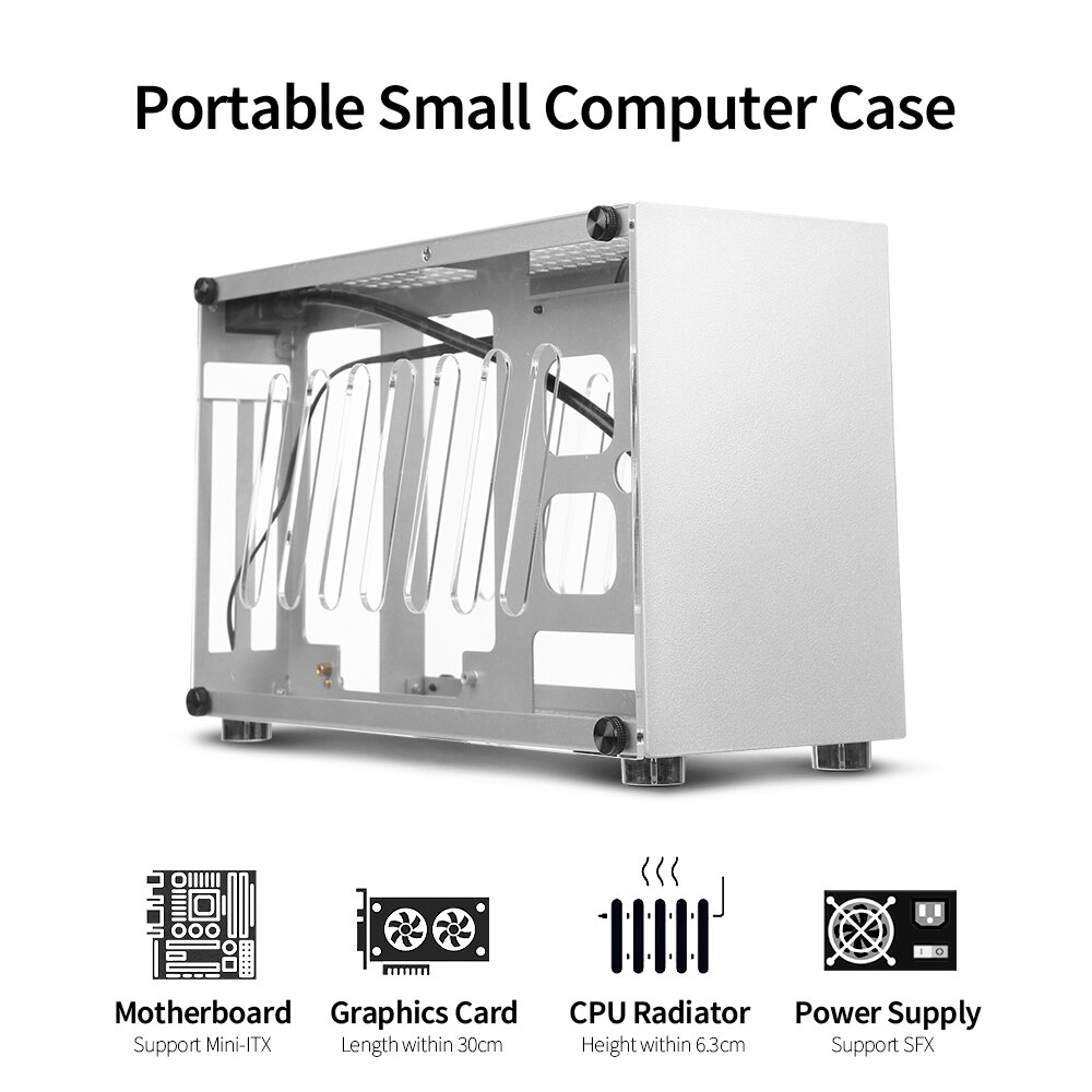 Draagbare Kleine Computer Case Aluminium Shell Ondersteuning Mini-Itx Motherborad 300Mm Grafische Kaart 63Mm Hoogte Cpu Radiator zilver
