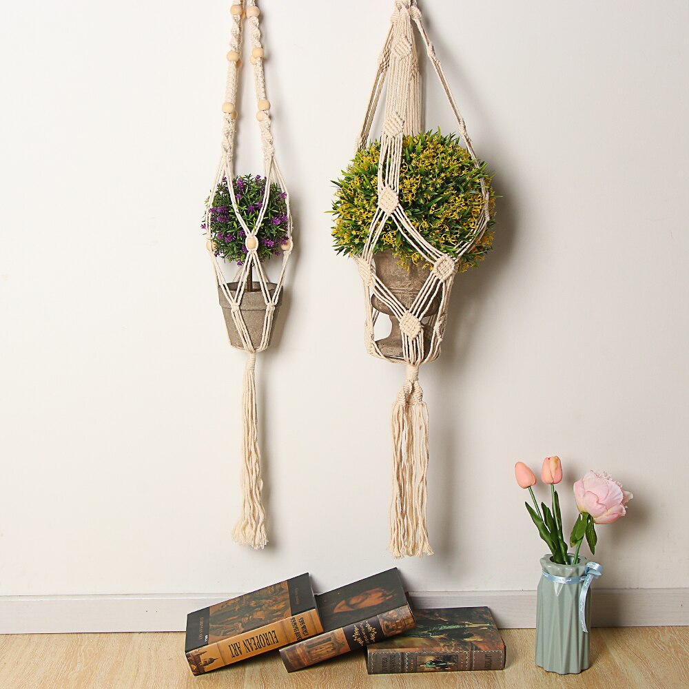 Macrame Plant Hangers Handmade Indoor Outdoor Hanging Planter Basket No Tassels Basket Cotton Rope with Beads Flower Pot Holder