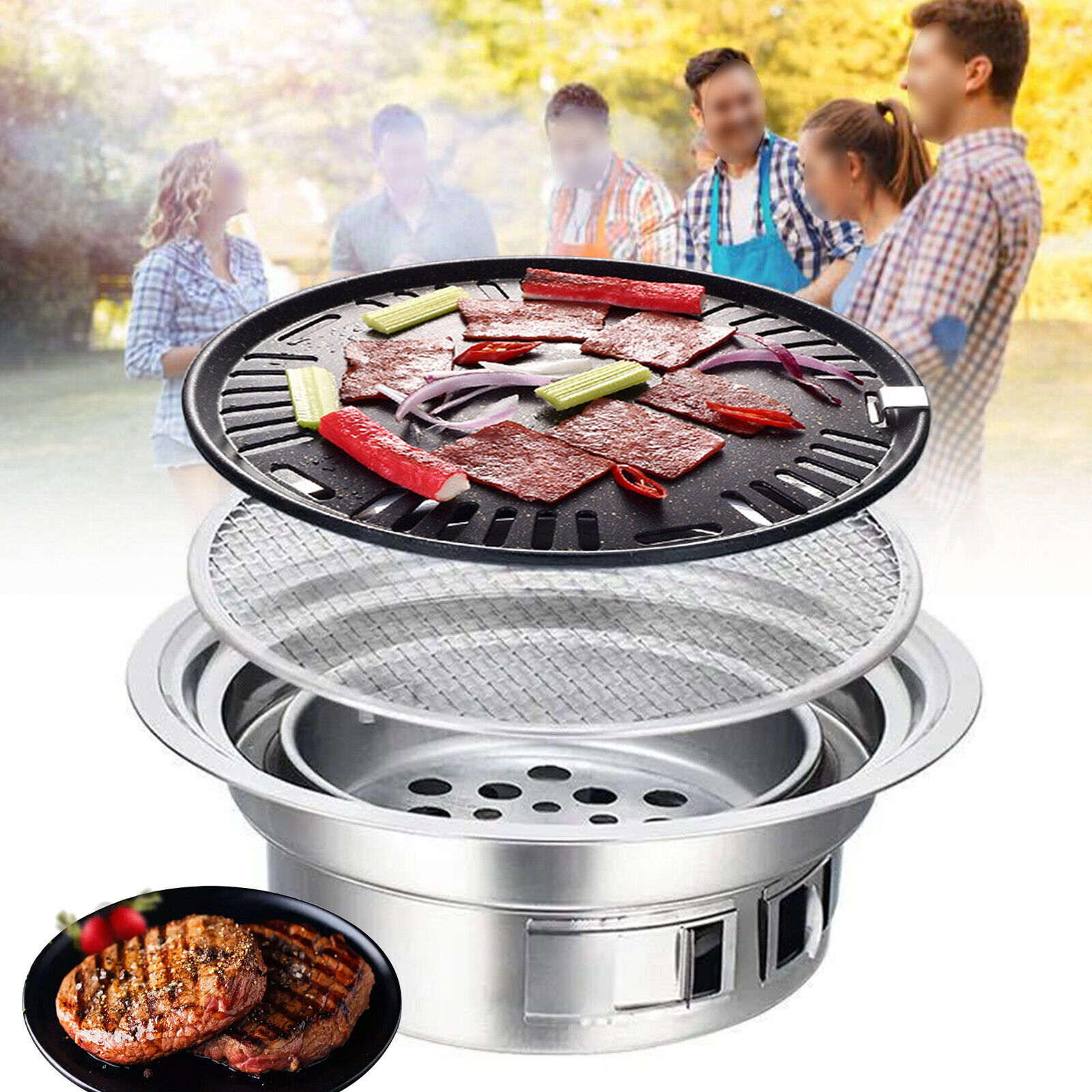 Japanischer koreanischer Hibachi-BBQ-Picknicktisch aus Edelstahl, runder Grill, Outdoor- und Indoor-Grillherd, tragbar