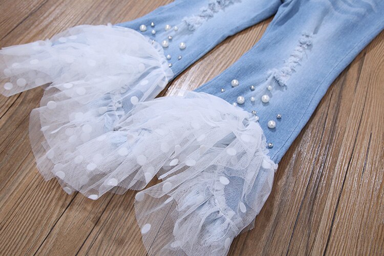 Pantalones de mezclilla para niñas, pantalones de encaje de retales de primavera , pantalones vaqueros para niños, pantalones con volantes para niñas, pantalones de tela vaquera con corte de bota